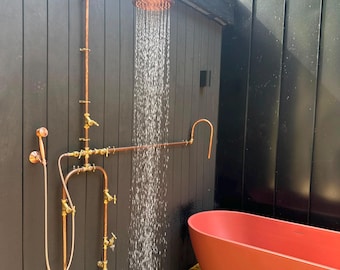 The Outdoor Bath Shower. Solid Copper & Brass with Intergrated Space Saving Faucet, Handheld Wand and Foot Wash/ Garden Tap