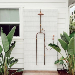 Industrial Exposed Solid Copper 22mm 3/4 Bespoke Outdoor and Indoor Rainfall Shower with Hand Spray, Dog wash image 1