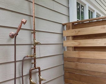 Handgefertigte Außendusche aus Kupfer mit Ablassventilen und Handbrause | Rustikales Garten-Poolsystem