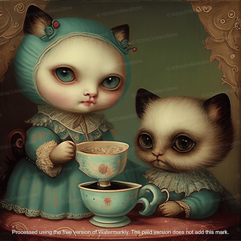 May include: Two white cats, dressed in blue and white clothing, are sitting at a table with teacups and saucers. The cat on the left is pouring tea from a teapot into a teacup. The cat on the right is holding a teacup.