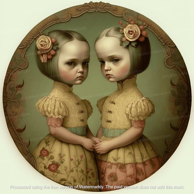 May include: Two young girls in matching yellow dresses with floral headbands stand side-by-side. They are holding hands and looking down with serious expressions. The girls are painted in a realistic style and are set against a green background.
