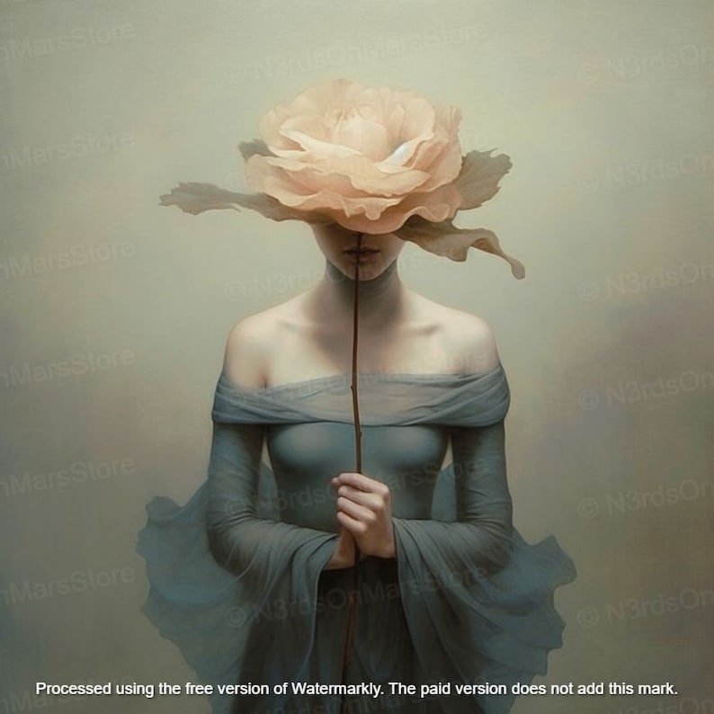 May include: A woman in a blue dress holds a large, pale yellow rose in front of her face. The rose is so large that it covers her entire face. The background is a soft, muted grey.