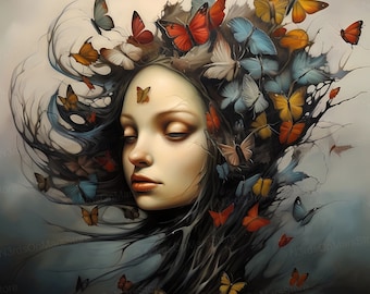 Miss Butterfly - Limited Edition, Low Brow, Printable Art, Pop Surrealism, Strange Art, Wall Art | DIGITAL DOWNLOAD