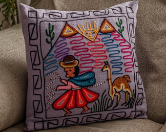 Peruvian hand embroidered cushion - Colorful cushion - Ethnic cushion - Peruvian textile - Flowered pillow - Cushion cover