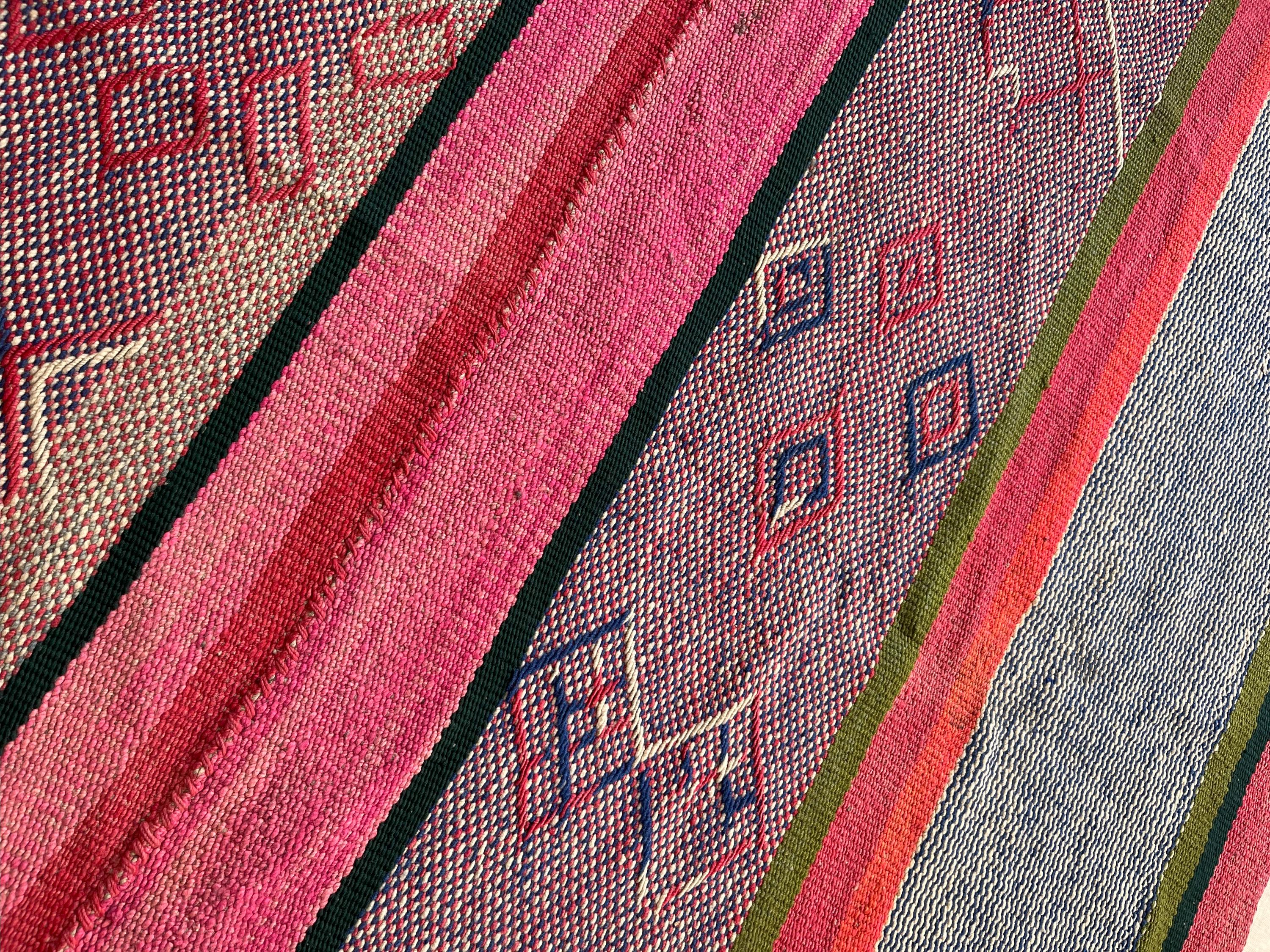 Handwoven Peruvian frazada: Vibrant sheep wool rug with traditional stripes - vintage textile gift 5,15 ft x 4,82 ft - (2.96 Kg)