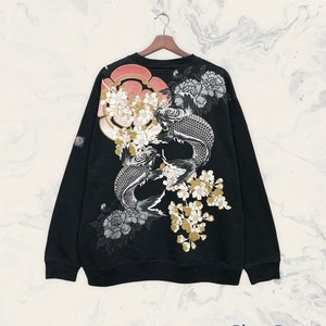 Fish Koi Sukajan Flowers Crewneck Long Sleeve Sweatshirt Big Logo Japanese Fashion Designer / Japanese Brand / L