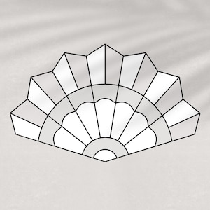 Puede incluir: Un diseño geométrico en blanco y negro de un abanico con un patrón circular en el centro.