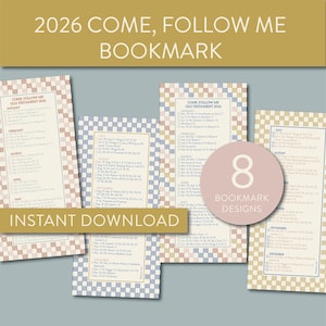 May include: A collection of eight bookmark designs with a calendar layout. The bookmarks feature a cream background with a patterned border in shades of blue, red, and gold. Text includes "Come, Follow Me" and "Old Testament 2026."