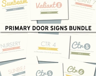 May include: A bundle of primary door signs on a light background. Each sign features a name, age, and date, with text like "Sunbeam," "Valiant," and "CTR." The signs have colorful banners and are designed for children.