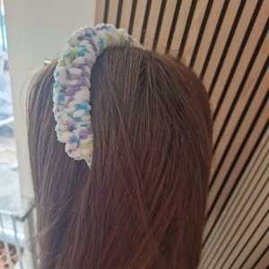 Chunky headband, soft chenile headband, wedding guest headband, blue and white, kind on hair band, hair friendly hairband, woollen headband