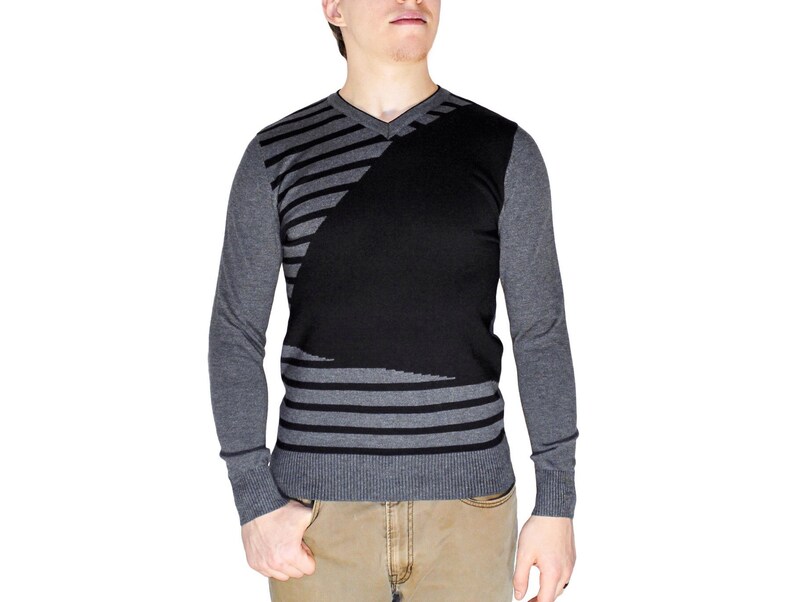 V Neck Stripe Color Block Cotton Sweater - 3 Colors
