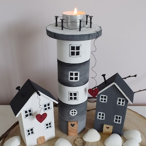 Lighthouse, set or individually, with wooden houses, wooden tower, lighthouse with wooden candle, maritime decoration idea lovingly handmade/with heart!