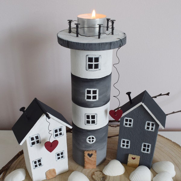 Leuchtturm, Set oder einzeln, mit Holzhäusern, Holzturm, Leuchtturm mit Kerze aus Holz, Maritime Dekoidee liebevoll handgefertigt/ mit Herz!
