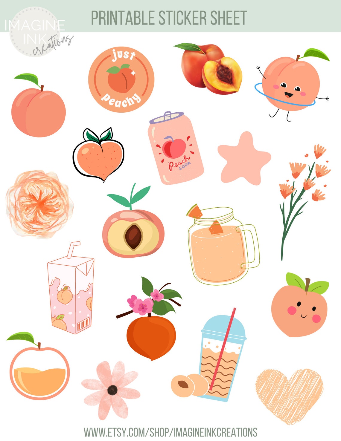 Peach Stickers Printable Sticker Sheet Summer Stickers Cute Etsy