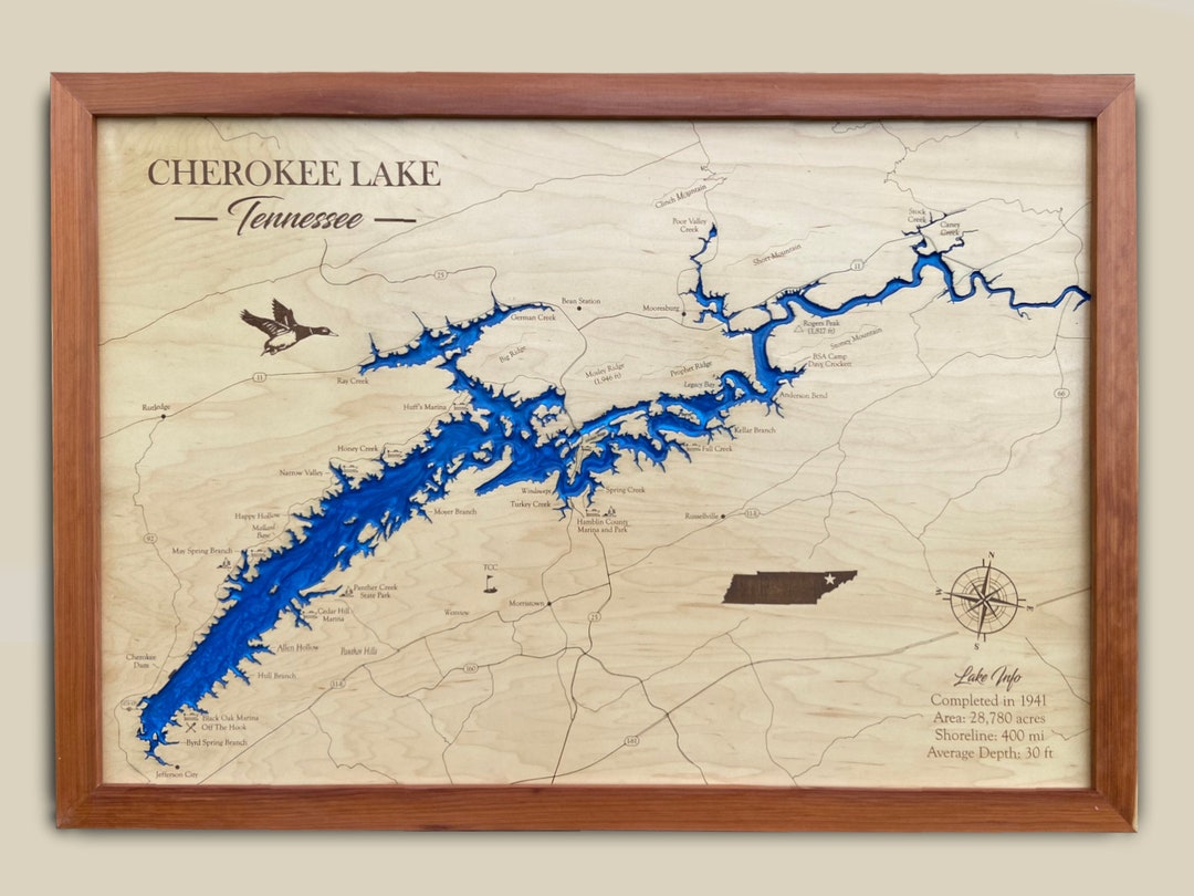 Cherokee Lake TN, Custom Lake House Decor, Wood Lake Map, Lake House