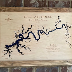 Puede incluir: Mapa enmarcado en madera del lago Cumberland, Kentucky, con un contorno azul detallado del lago y sus alrededores. El mapa incluye el texto "L&G's Lake House" y "Est. 2023". También se incluyen datos sobre el lago.