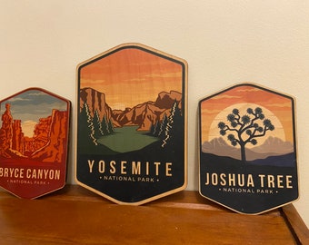 Any National Park, Wood Sign, Retro Designs; National Park Sign for all 63 parks; Yellowstone, Yosemite, Rocky Mountain, Acadia, Glacier