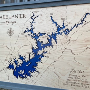 Lake Lanier GA Wood Map (1 Week to Ship) -- Lake House Decor, Lake Map ...