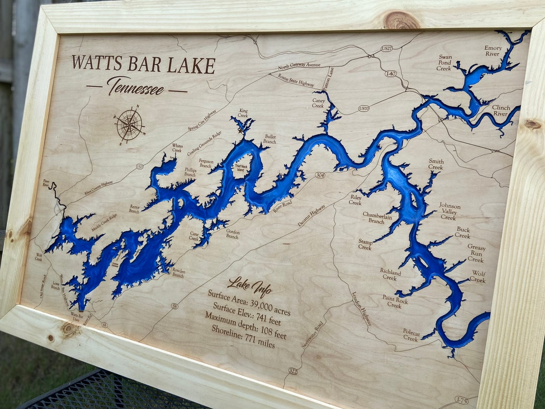 Watts Bar Lake, TN, Custom Lake Map, Lake House Decor Resin Lake Map