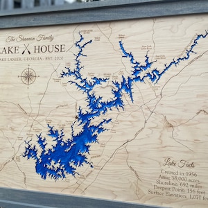 Lake Lanier, GA; Resin Art Lake Map; Lake House Decor; Custom Lake Map; Custom Wood Map, Lake Art, Wood Lake House Sign