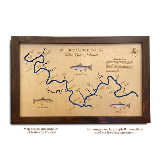 Bull Shoals Fly Fisherman's Wood Map Bull Shoals Tailwater, White River  Arkansas Trout Fishing 