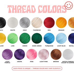 May include: A color chart displaying thread colors, including black, white, gray, tan/beige, red, orange, gold, yellow, lime, green, dark green, turquoise, light blue, royal blue, light purple, grape, pink, light pink, and brown. Text reads "THREAD COLORS".