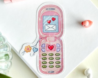 Y2K Pink Flip Phone Sticker: Sparkly Glossy Decal