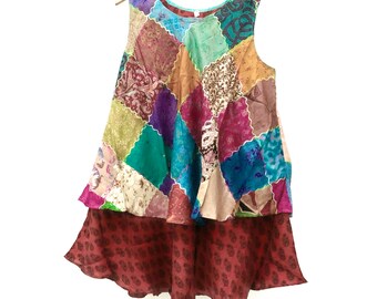 Vintage silk hippie dress banjara gypsy blouse mini dress light patched silk blouse