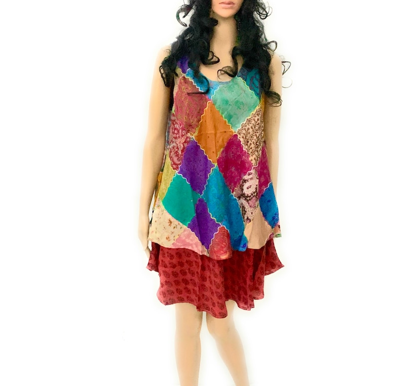 Vintage silk hippie dress banjara gypsy blouse mini dress light patched silk blouse