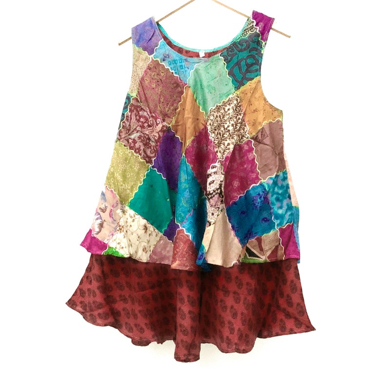 Vintage silk hippie dress banjara gypsy blouse mini dress light patched silk blouse