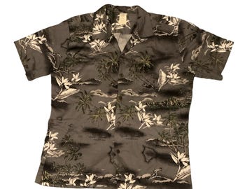Palmwave Mens Grey Hawaiian Shirt Island Map Palm Tree Cotton Aloha L C9-A420