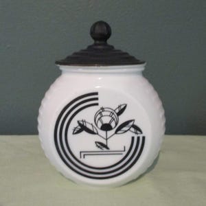 Vintage Fire King Black Circle Grease Jar with Ceramic Lid