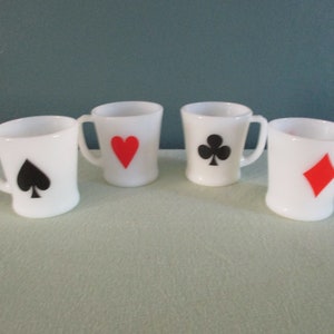 Vintage Set of 4 Fire King White &quot;D-Handle&quot; Playing Card Mugs