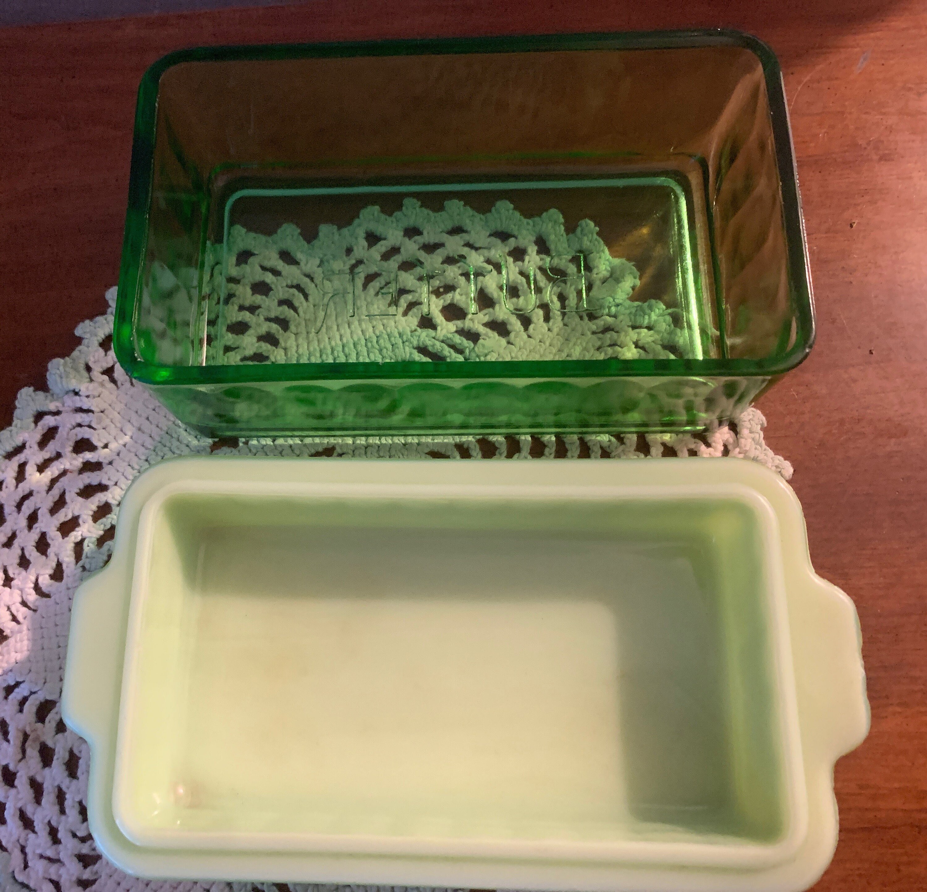 Vintage Jadeite and Green Glass Butter Dish Etsy