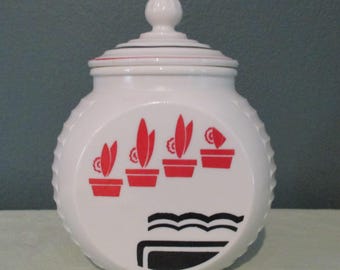 Vintage Fire King Red Flowerpot Grease Jar with Ceramic Lid