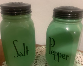 Vintage Fire King Fired on Green Salt & Pepper Shakers