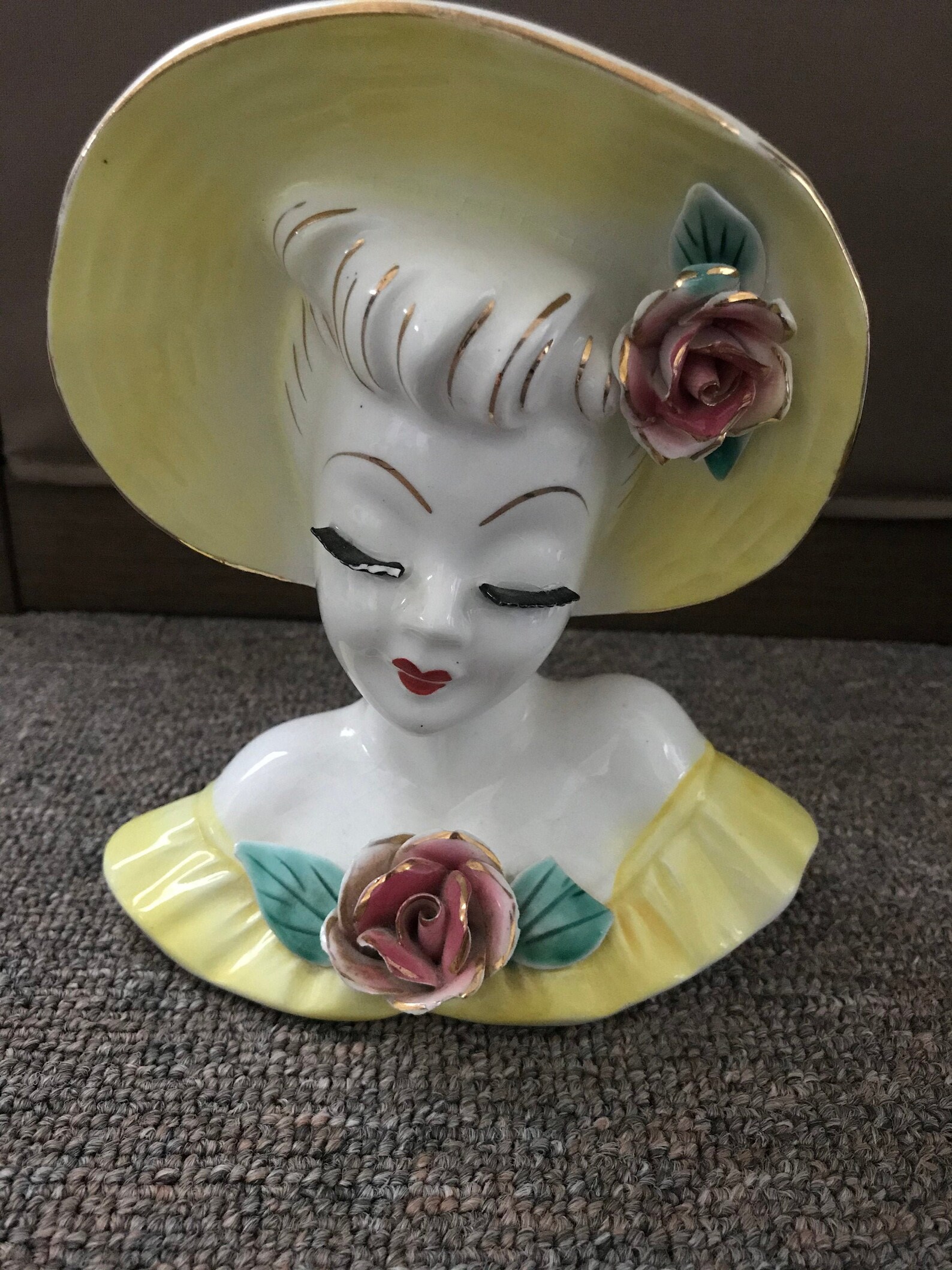 Vintage glass doll head vase with yellow hat and dress and Etsy