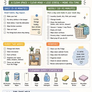 May include: A cleaning schedule infographic titled The College Student's Guide to Cleaning. It features daily, weekly, bi-weekly, and monthly checklists, a cleaning supply starter kit, and motivational text like Progress over perfect.