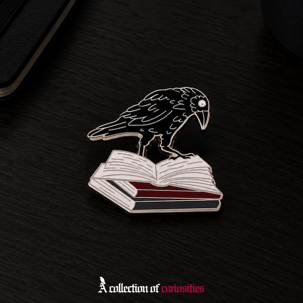 Raven Enamel Pin Crow on Books Dark Academia Lapel Badge Gothic Bird Brooch Bookish Gift Book Lover Corvid Witchy Backpack Jacket Pin