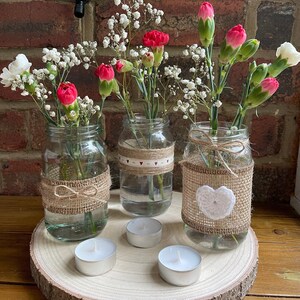 Rustic Wedding Glass Jar Centrepieces - Handmade, Vintage, Hessian, Twine, Candle Holders, Flowers, Decoration, Baby Showers