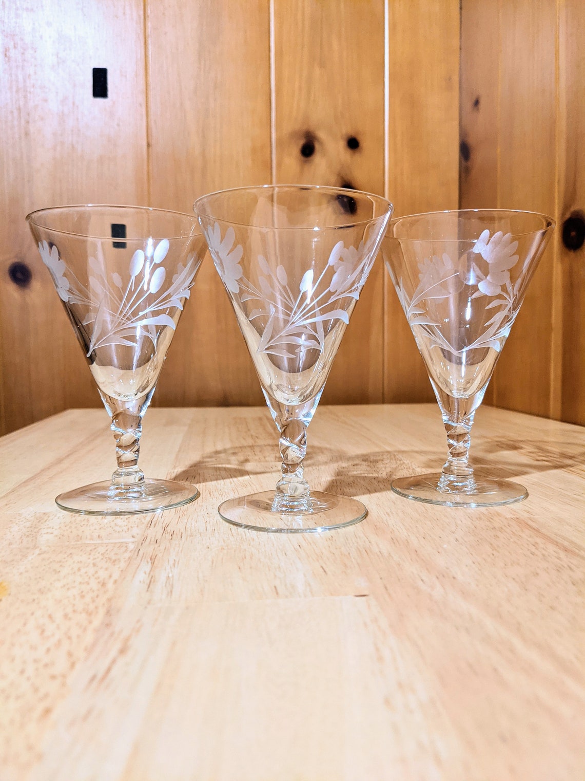 Twisted Stem Etched Vintage Glassware Etsy