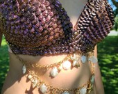 Size 36 C Rose Gold and Black Mermaid Bra With Gold mid drift Chain Accents, Clearance Top.