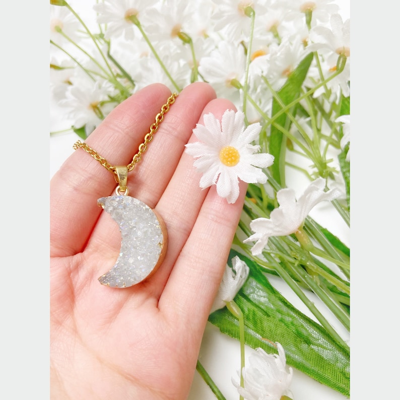 Gift for her Natural White Druzy Crescent Moon Necklace Healing Crystal Stone Necklace Druzy Moon Necklace Druzy Moon Pendant Necklace