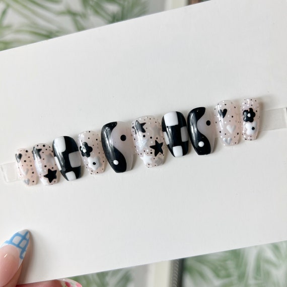 Black and White Nails Press on Nails Acrylic Nails Y2k Etsy