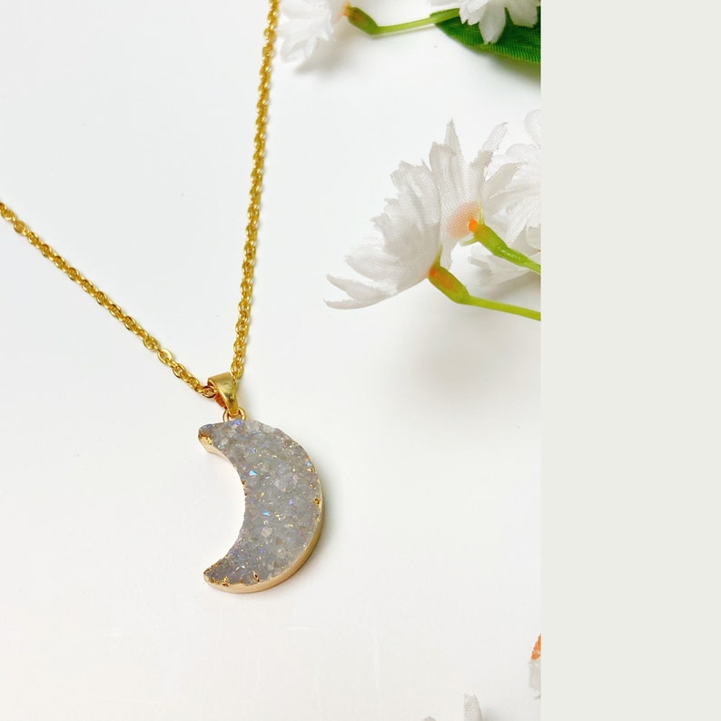Gift for her Natural White Druzy Crescent Moon Necklace Healing Crystal Stone Necklace Druzy Moon Necklace Druzy Moon Pendant Necklace