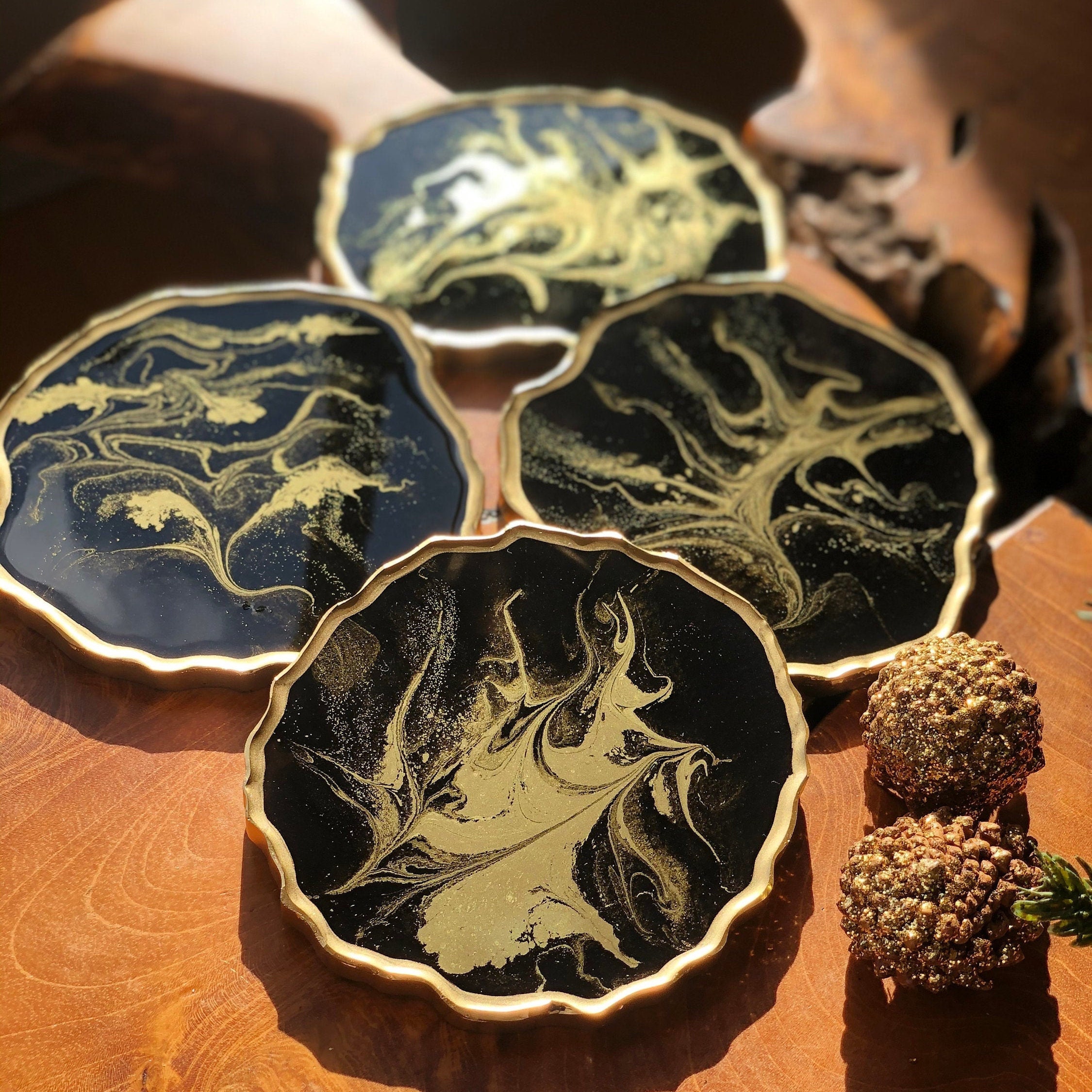 Resin Coasters White and Gold Resin Coasters Marbled Etsy