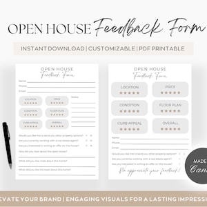 May include: A printable open house feedback form with a black and white design. The form includes sections for location, price, condition, floor plan, curb appeal, and overall rating. It also includes questions about the property and the buyer's experience.