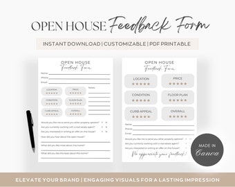 Könnte beinhalten: Ein druckbares Feedback-Formular für ein offenes Haus mit einem schwarz-weißen Design. Das Formular enthält Abschnitte für Lage, Preis, Zustand, Grundriss, Straßenbild und Gesamteindruck. Es enthält auch Fragen zur Immobilie und den Erfahrungen des Käufers.