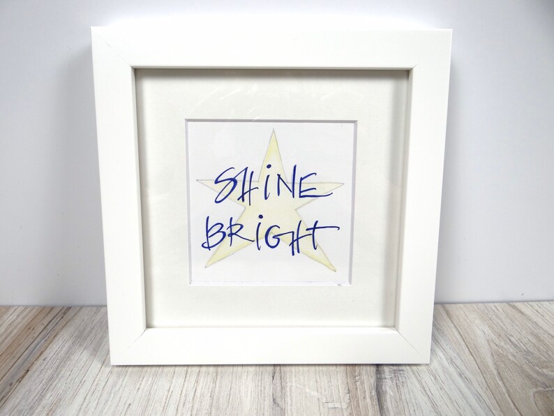 Shine Bright Hand-Written Sign White Framed Sign Inspirational Word Art Star
