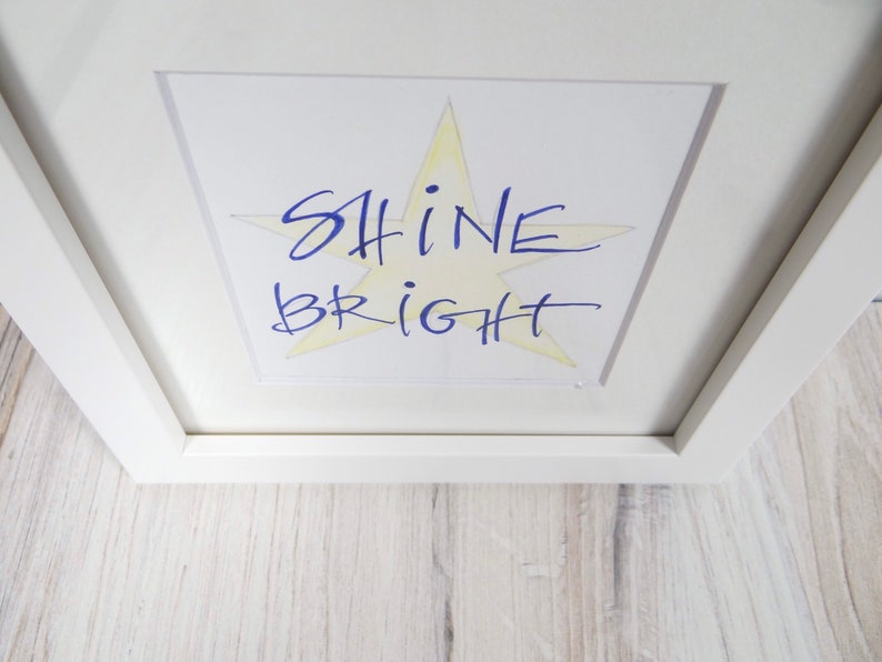 Shine Bright Hand-Written Sign White Framed Sign Inspirational Word Art Star